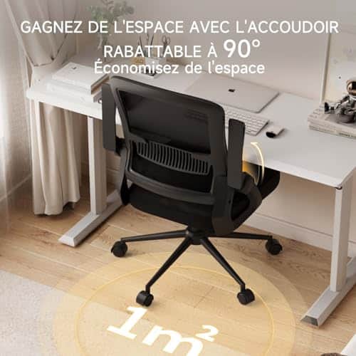 Chaise Bureau Ergonomique Naspaluro avec Accoudoirs Pliants Chaise bureau ergonomique Naspaluro noire avec accoudoirs rabattables à 90° et soutien lombaire.
