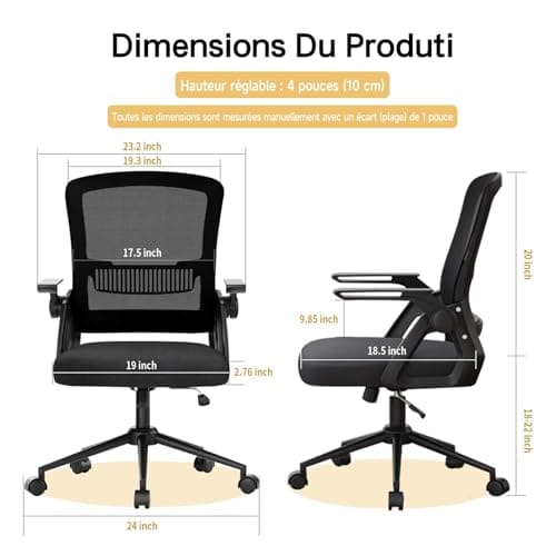 Chaise Bureau Ergonomique Naspaluro avec Accoudoirs Pliants et Soutien Lombaire Noir