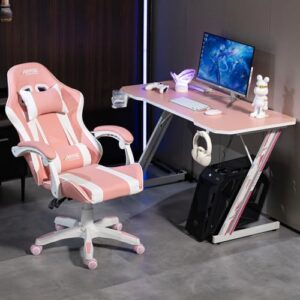Chaise Gamer AMS-GAMING#02 Noir & Rose avec Coussin Lombaire et Appuie-Tête