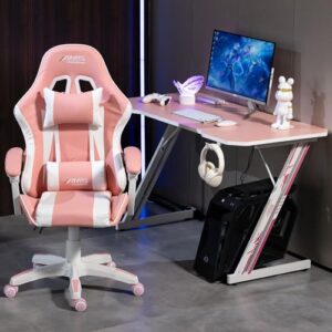Chaise Gamer AMS-GAMING#02 Noir & Rose avec Coussin Lombaire et Appuie-Tête