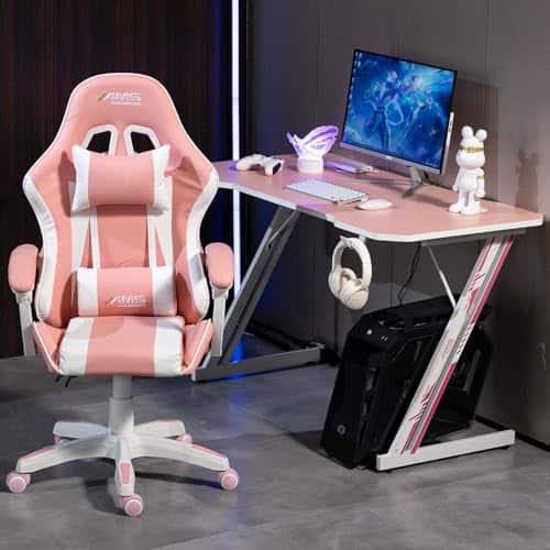 Chaise Gamer AMS-GAMING#02 Noir & Rose avec Coussin Lombaire et Appuie-Tête