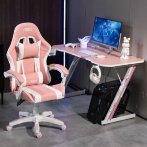 Chaise Gamer AMS-GAMING#02 Noir & Rose avec Coussin Lombaire et Appuie-Tête