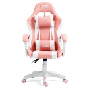 Chaise Gamer AMS-GAMING#02 Noir & Rose avec Coussin Lombaire et Appuie-Tête