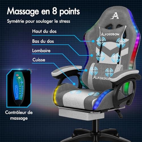 Chaise Gaming Alfordson LED Ergonomique avec Massage et Éclairage RVB