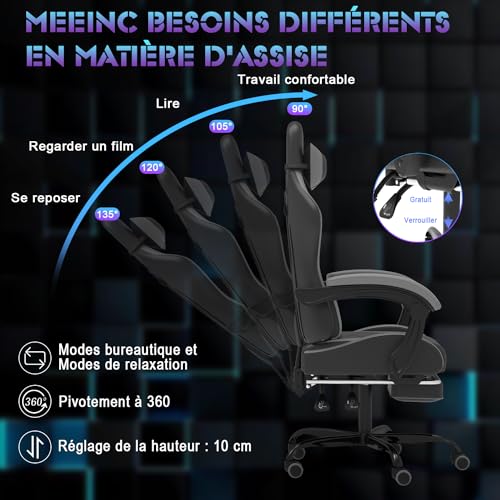 Chaise Gaming Devoko Massante avec Tapis, Soutien Lombaire et Appui-tête, Gris