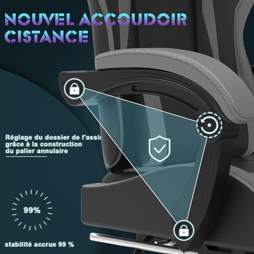 Chaise Gaming Devoko Massante avec Tapis, Soutien Lombaire et Appui-tête, Gris