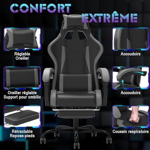 Chaise Gaming Devoko Massante avec Tapis, Soutien Lombaire et Appui-tête, Gris