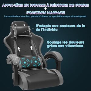 Chaise Gaming Devoko Massante avec Tapis, Soutien Lombaire et Appui-tête, Gris