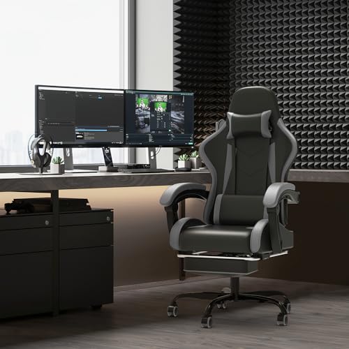 Chaise Gaming Devoko Massante avec Tapis, Soutien Lombaire et Appui-tête, Gris