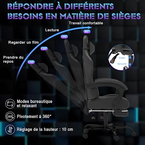 Chaise Gaming Devoko avec Massage, Soutien Lombaire et Tapis de Pieds Noir