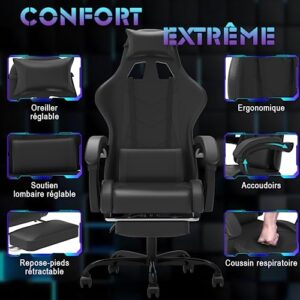 Chaise Gaming Devoko avec Massage, Soutien Lombaire et Tapis de Pieds Noir