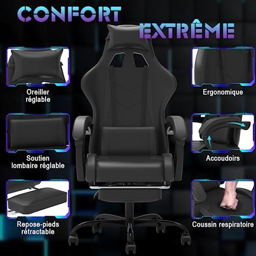 Chaise Gaming Devoko avec Massage, Soutien Lombaire et Tapis de Pieds Noir