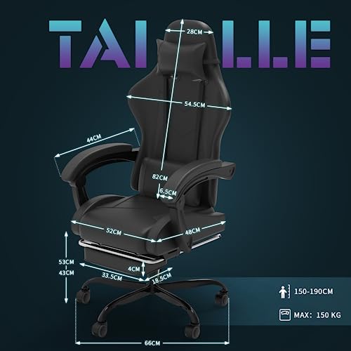 Chaise Gaming Devoko avec Massage, Soutien Lombaire et Tapis de Pieds Noir