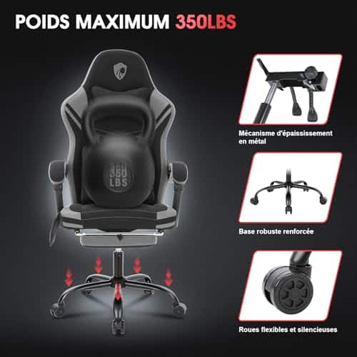 Chaise Gaming Douxlife Ergonomique avec Massage et Repose-Pieds, 158 kg, Gris