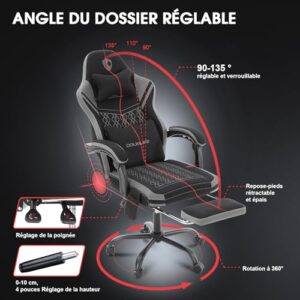 Chaise Gaming Douxlife Ergonomique avec Massage et Repose-Pieds, 158 kg, Gris