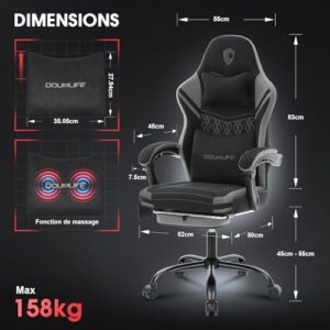 Chaise Gaming Douxlife Ergonomique avec Massage et Repose-Pieds, 158 kg, Gris