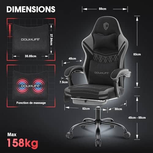 Chaise Gaming Douxlife Ergonomique avec Massage et Repose-Pieds, 158 kg, Gris