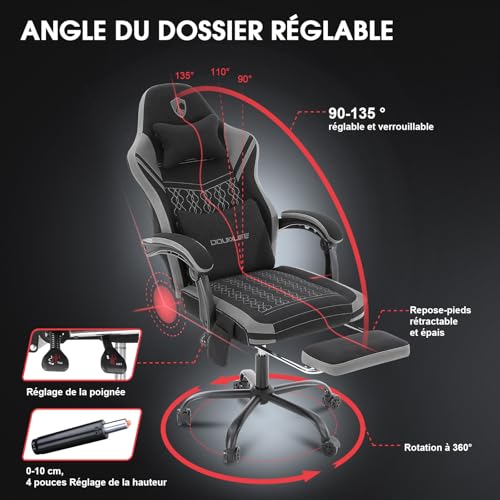 Chaise Gaming Douxlife Ergonomique avec Massage et Repose-Pieds, 158 kg, Gris
