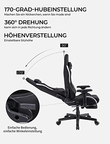 Chaise Gaming Dowinx Noir avec Support Lombaire Massant et Repose-Pieds