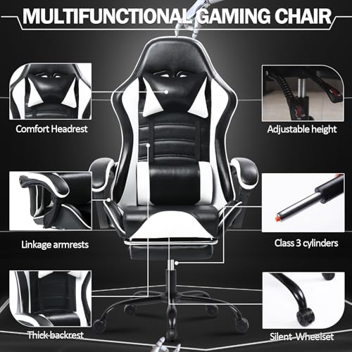 Chaise Gaming Ergonomique Adulte Blanc avec Dossier Réglable et Soutien Lombaire