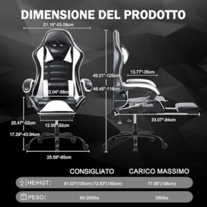 Chaise Gaming Ergonomique Adulte Blanc avec Dossier Réglable et Soutien Lombaire