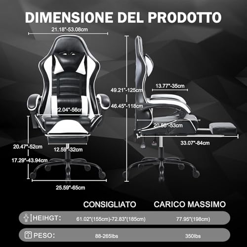 Chaise Gaming Ergonomique Adulte Blanc avec Dossier Réglable et Soutien Lombaire