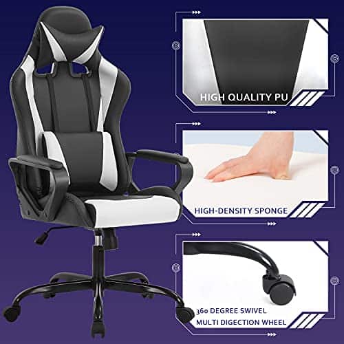 Chaise Gaming Ergonomique BestOffice avec Coussin Lombaire et Appui-tête Blanc