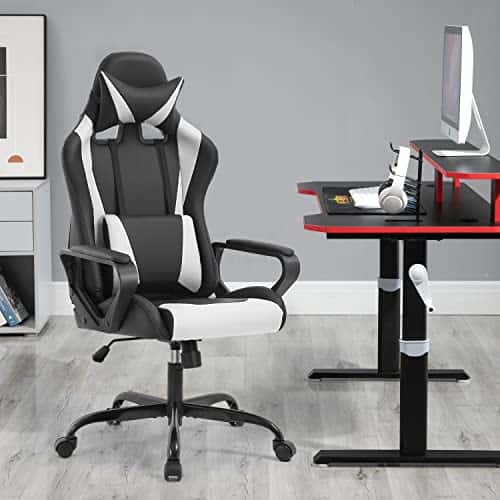 Chaise Gaming Ergonomique BestOffice avec Coussin Lombaire et Appui-tête Blanc