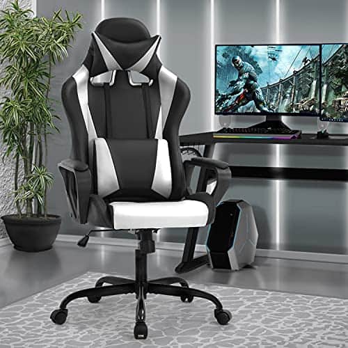 Chaise Gaming Ergonomique BestOffice avec Coussin Lombaire et Appui-tête Blanc