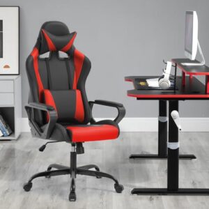 Chaise Gaming Ergonomique BestOffice avec Coussin Lombaire et Appui-tête Rouge