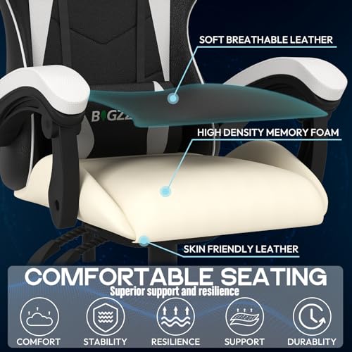 Chaise Gaming Ergonomique Bigzzia avec Support Lombaire et Chaleur, Blanc