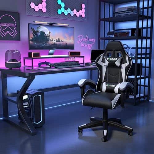 Chaise Gaming Ergonomique Bigzzia avec Support Lombaire et Chaleur, Blanc