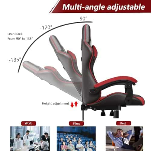 Chaise Gaming Ergonomique Bigzzia en PU Cuir, Réglable, Rouge