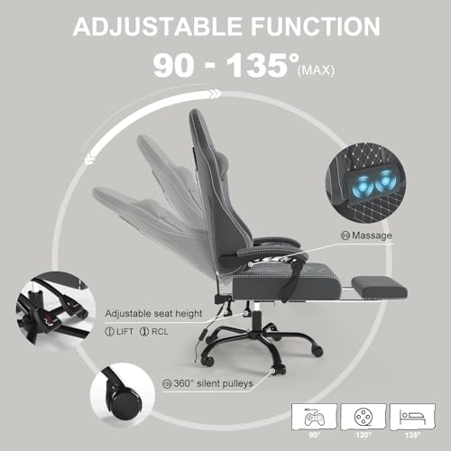 Chaise Gaming Ergonomique Devoko avec Massage, Appui-tête et Repose-Pied