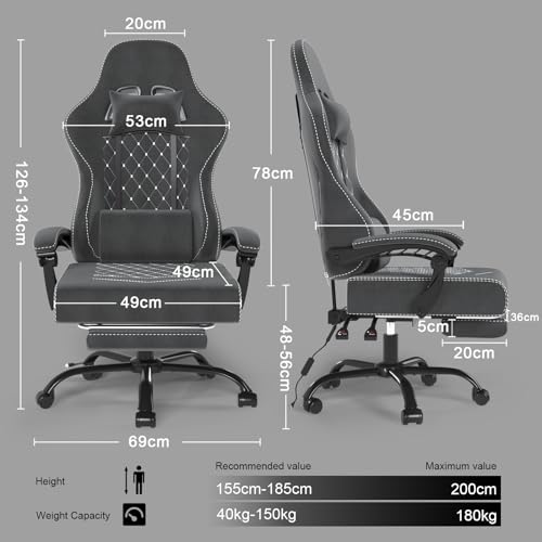 Chaise Gaming Ergonomique Devoko avec Massage, Appui-tête et Repose-Pied