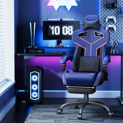 Chaise Gaming Ergonomique Ferghana F06 avec Appui-tête et Repose-Pied Bleu