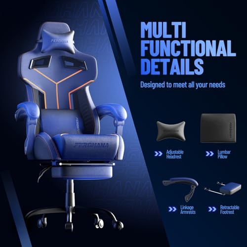 Chaise Gaming Ergonomique Ferghana F06 avec Appui-tête et Repose-Pied Bleu