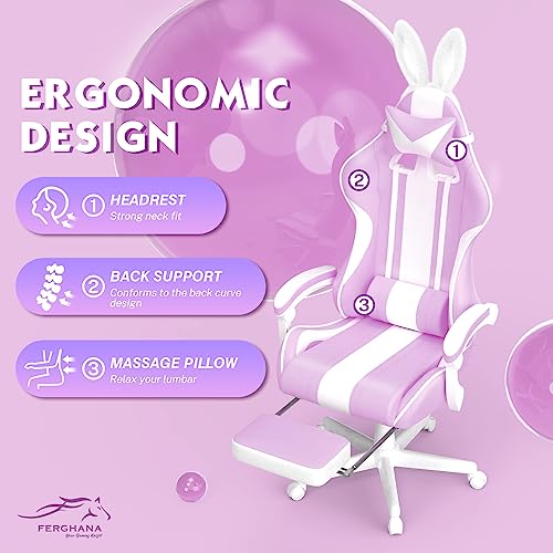 Chaise Gaming Ergonomique Ferghana avec Massage, Repose-Pieds et Appui-Tête – Violet Clair