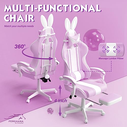 Chaise Gaming Ergonomique Ferghana avec Massage, Repose-Pieds et Appui-Tête – Violet Clair