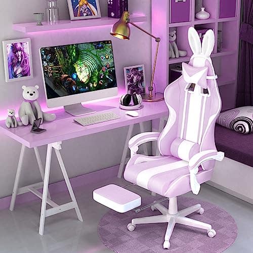 Chaise Gaming Ergonomique Ferghana avec Massage, Repose-Pieds et Appui-Tête – Violet Clair