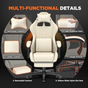 Chaise Gaming Ergonomique Ferghana avec Repose-Pied et Support Lombaire Blanc