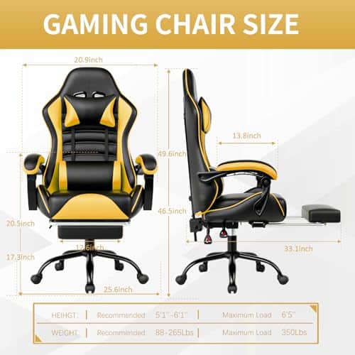 Chaise Gaming Ergonomique Fruyyzl Jaune avec Dossier et Appui-tête Réglables