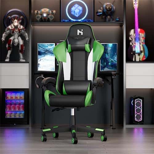 Chaise Gaming Ergonomique HLFURNIEU Noir et Vert avec Coussin Lombaire