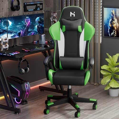 Chaise Gaming Ergonomique HLFURNIEU Noir et Vert avec Coussin Lombaire