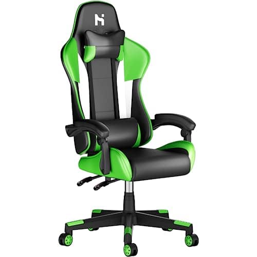 Chaise Gaming Ergonomique HLFURNIEU Noir et Vert avec Coussin Lombaire