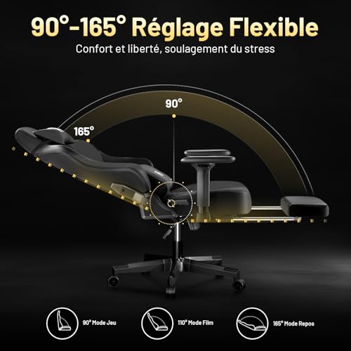 Chaise Gaming Ergonomique HLFURNIEU avec Repose-Pied et Support Lombaire Noir