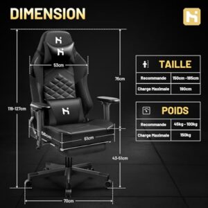 Chaise Gaming Ergonomique HLFURNIEU avec Repose-Pied et Support Lombaire Noir