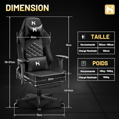 Chaise Gaming Ergonomique HLFURNIEU avec Repose-Pied et Support Lombaire Noir