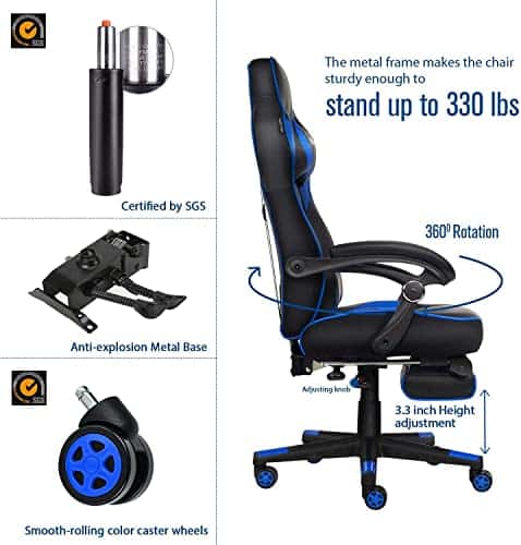 Chaise Gaming Ergonomique YU YUSING Noir et Bleu avec Repose-Pieds Rétractable