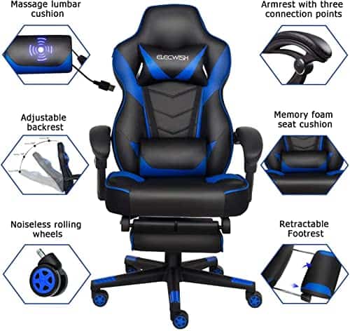 Chaise Gaming Ergonomique YU YUSING Noir et Bleu avec Repose-Pieds Rétractable